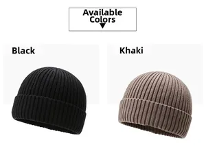 Close-up of thick ribbed knit texture on black and khaki beanies for winter