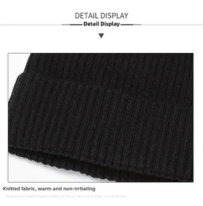 Close-up of black knitted beanie showing thick vertical rib texture and winter warmth