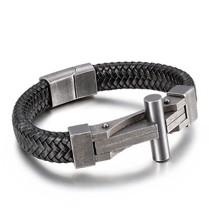 Men's retro braided leather bracelet with vintage stainless steel cross clasp