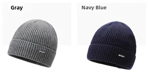 Detailed ribbed texture and Sport label of grey and navy blue winter knit beanies