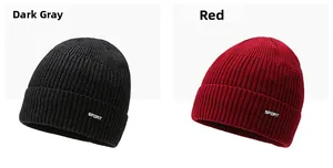 Detailed knit texture of dark grey and red winter beanies with Sport logo labels