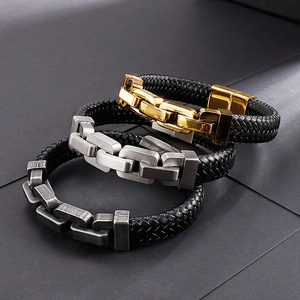 Men's woven leather bracelet with stainless steel clasp in gold silver and black finishes