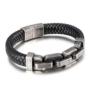 Men Woven Leather Bracelet Stainless Steel Square Chain Spliced Industrial Punk Bangle Jewelry Gift For Male