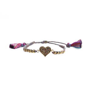 Handmade woven heart bracelet with colorful micro-pave crystals and adjustable tassels