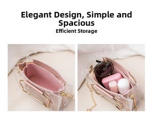 Internal storage detail of clear PVC jelly bag with pink felt organizer and gold chain