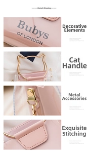 Detail of pink leather trim, golden cat-shaped handle, and precise stitching on the bag