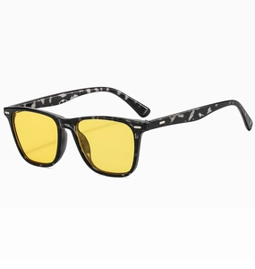 Macro shot of square tortoiseshell frame sunglasses with yellow lenses and metallic S20 detail