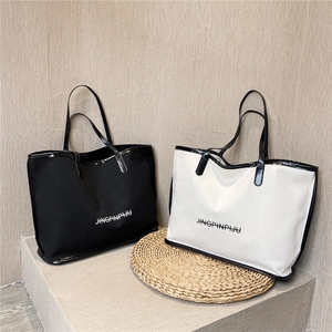 Women Canvas Tote Bag With PU Leather Trim Large Capacity Commuter Handbag Contrast Letter Print Shoulder Bag