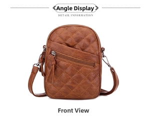 Front view of brown quilted crossbody bag with zipper pocket and leather tassel detail