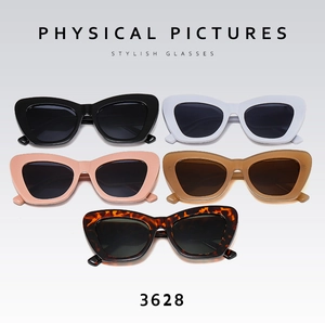 Flat lay display of cat-eye sunglasses in five stylish colors including tortoise and pink