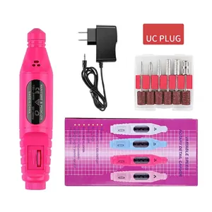 Pink portable electric nail drill machine kit with US plug and 6 metal grinding bits