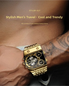 Macro detail of a gold-tone multi-timezone watch with a black dial and steel strap