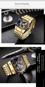 Close-up of golden multi-timezone watch showing rectangular case and blue dial details