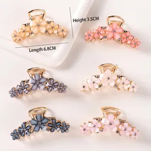 Elegant gold alloy flower hair claw clips with rhinestones in six various colors
