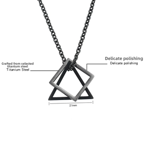 Detail of titanium steel necklace with interlocking geometric pendants and polished finish