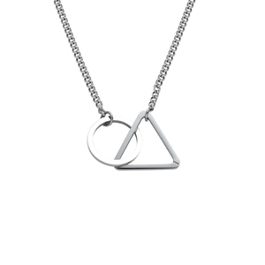 Detail of silver necklace with intertwined geometric circle and triangle pendants