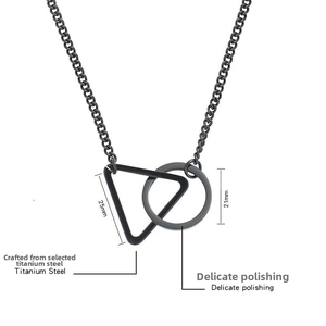 Detail of geometric titanium steel interlocking circle and triangle pendant for men