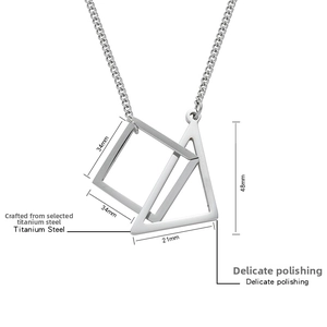 Detailed technical diagram of geometric titanium steel pendants with size measurements