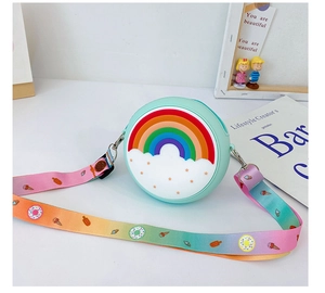 Detail of mint green silicone kids purse with rainbow cloud print and colorful strap