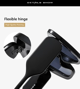 Close-up of flexible hinges and CE certification on high-quality black cat eye sunglasses