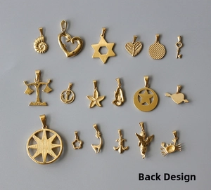 Detailed back view of seventeen distinct 18k gold plated stainless steel charms and pendants