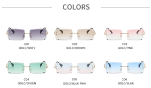 Showcase of six color variants for rimless rectangle sunglasses with gold metal temples