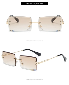 Detail of rimless rectangle sunglasses with gold frame and brown gradient lenses
