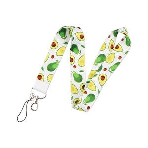 Detail of white fruit lanyard featuring avocado prints and a sturdy metal lobster clasp