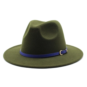 Classic dark olive green wool fedora hat with blue leather band and gold buckle detail