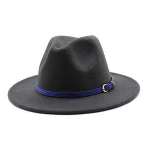 Detail of dark grey wool fedora hat with blue leather strap and golden crescent buckle