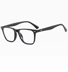 Macro view of square black frame sunglasses with blue-light filtering transparent lenses