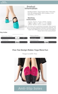 Detail of cross straps and anti-slip PVC dots on five-toe cotton yoga socks
