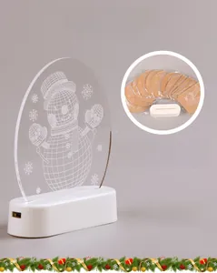 Detail showing interchangeable 3D acrylic snowman panels and USB base for Christmas night light