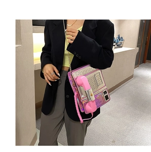 Bolso cruzado de mujer con forma de teléfono público láser creativo y divertido, estilo urbano.