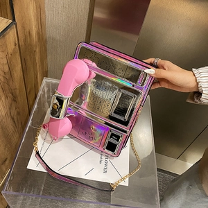 Bolso láser en forma de teléfono público para mujer, elegante bolso de hombro rosa con cadena.