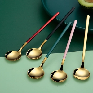 Five 304 stainless steel dessert spoons in red, black, pink, green, and gold colors