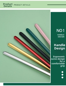 Detail of colorful stainless steel spoon handles showing curved ergonomic grip design