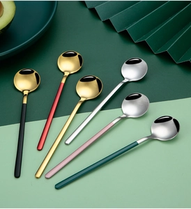 Detailed view of colorful 304 stainless steel coffee spoons in various elegant finishes