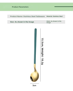 Macro view of green and gold 15.5cm stainless steel coffee spoon with dimensions