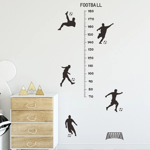 Football themed growth chart wall sticker featuring black soccer silhouettes for kids' rooms