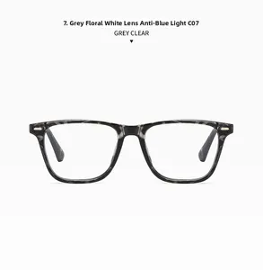 Close-up of grey tortoise square frame with clear anti-blue light lenses and C07 model detail
