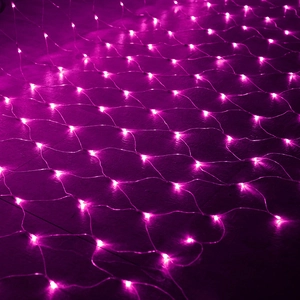 Close-up of high-density LED net lights in purple and pink for outdoor decoration