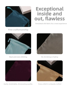Detailed view of glossy satin drawstring bags in multiple colors with fine stitching