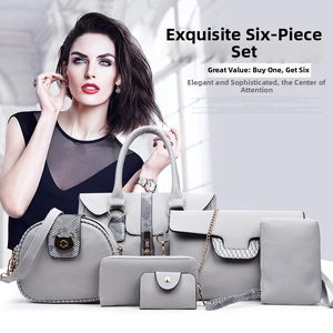 Close-up of a 6-piece light gray handbag set with litchi texture and metal accents