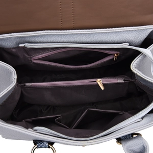 Fashionable blue faux leather handbag set with multi-pocket interior and gold hardware