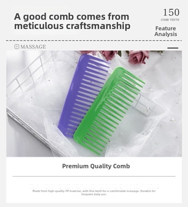Detail of purple and green wide-tooth hair combs made of durable PP material with 150 teeth