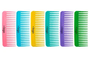 Detail of multi-color wide-tooth hair combs set for detangling and massage therapy
