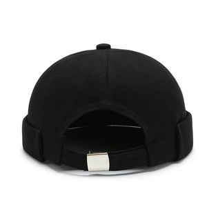Classic black cotton docker hat with adjustable metal strap buckle on white background
