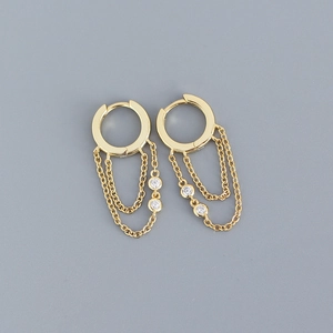 Detailed view of gold plated S925 silver hoop earrings with dangling zircon chain tassels