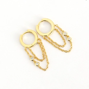 Gold S925 sterling silver geometric hoop earrings with tassel chains and crystals